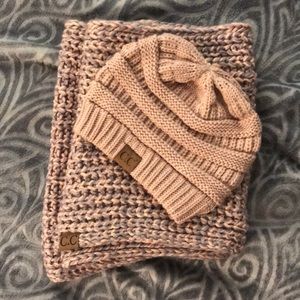 An infinity scarf and a hat from C.C